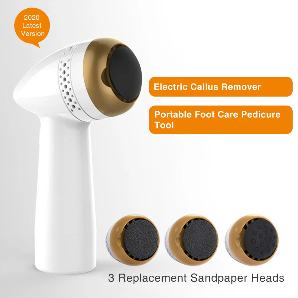 Electric vacuum foot grinder with quartz head in gold colour, showing battery and callus removal function.
