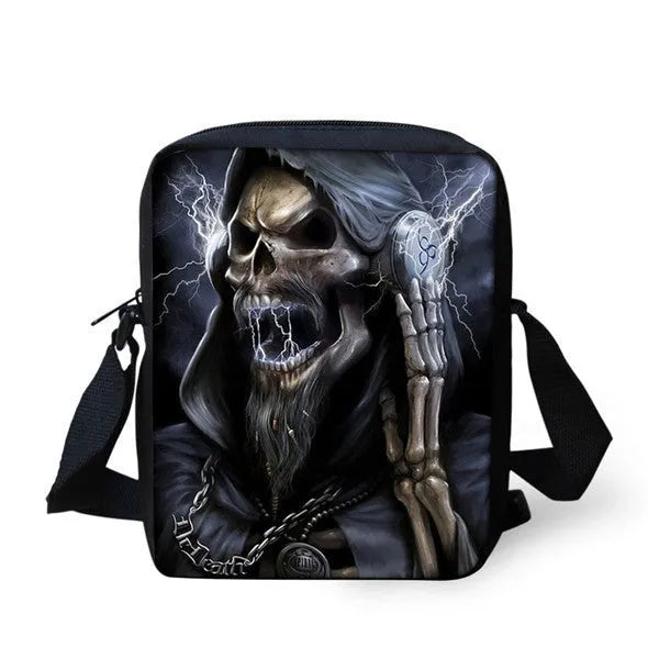 Children's medium messenger bag with skull character patterns showing double shoulder straps and zipper opening