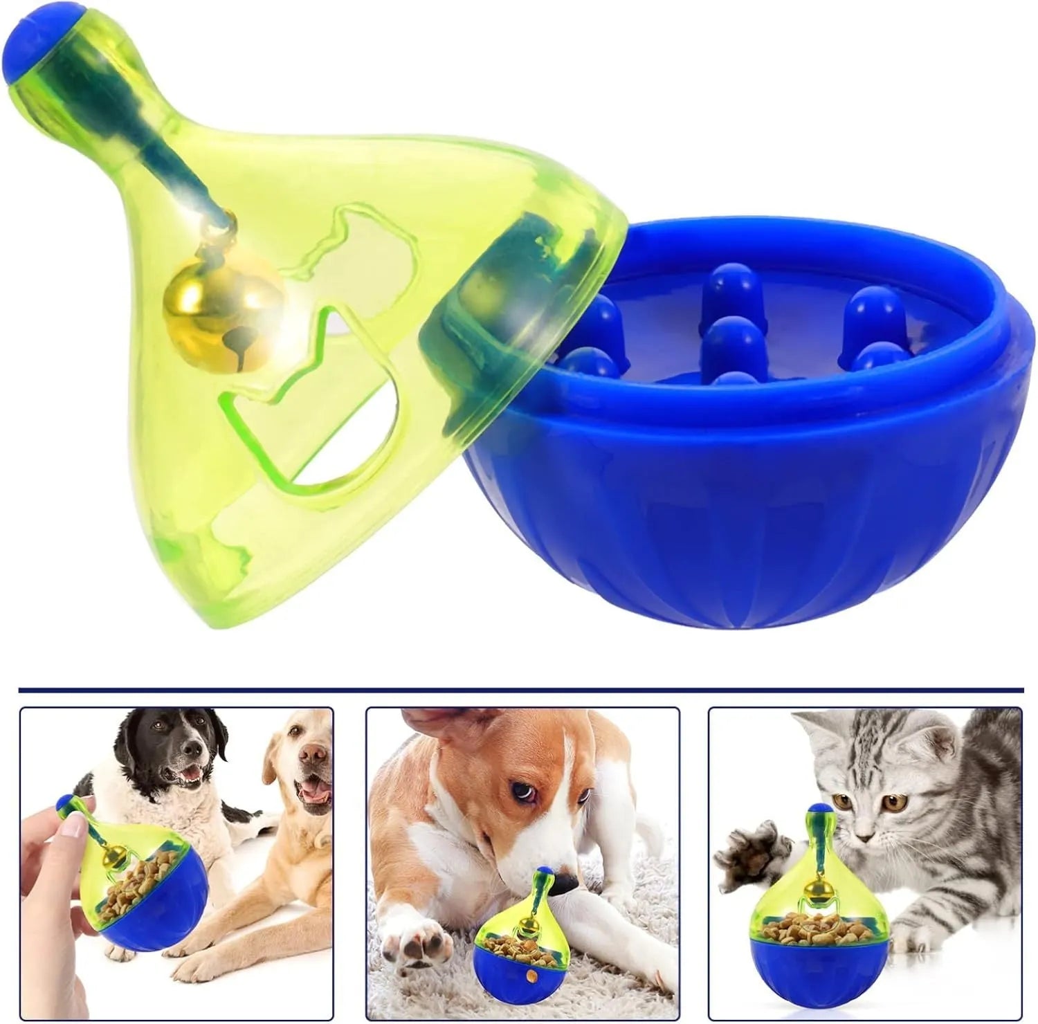 Blue and white tumbler-shaped interactive pet treat dispenser ball for dogs and cats