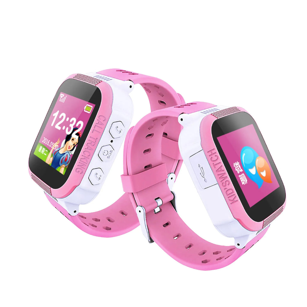 Blue children's phone watch showing 1.44 inch IPS screen with USB 3.0 charging port visible