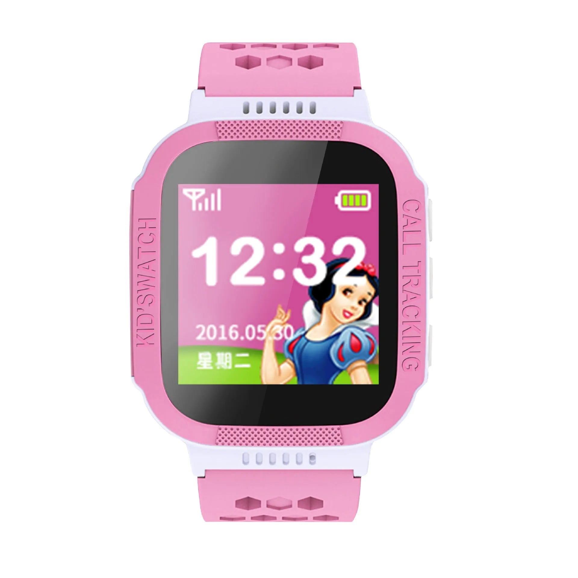 Blue children's phone watch showing 1.44 inch IPS screen with USB 3.0 charging port visible