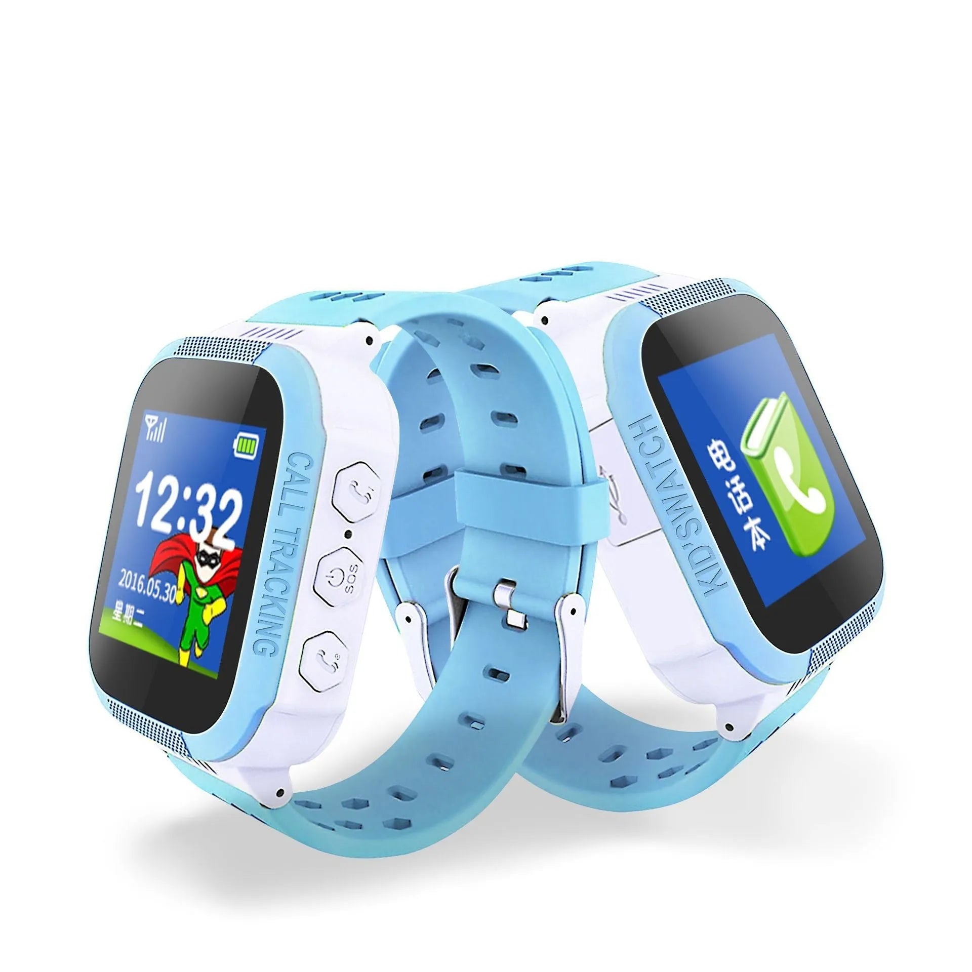 Blue children's phone watch showing 1.44 inch IPS screen with USB 3.0 charging port visible