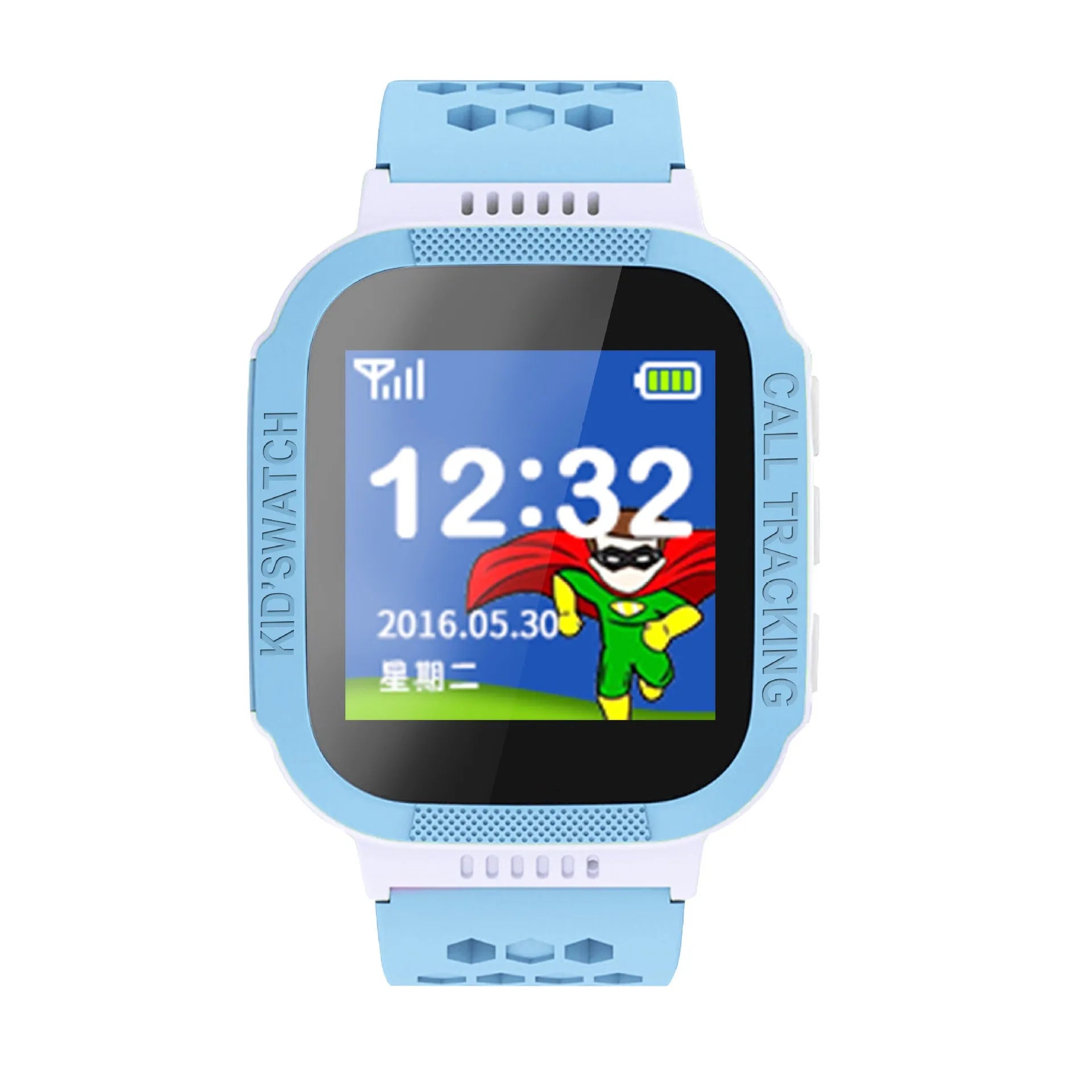Blue children's phone watch showing 1.44 inch IPS screen with USB 3.0 charging port visible