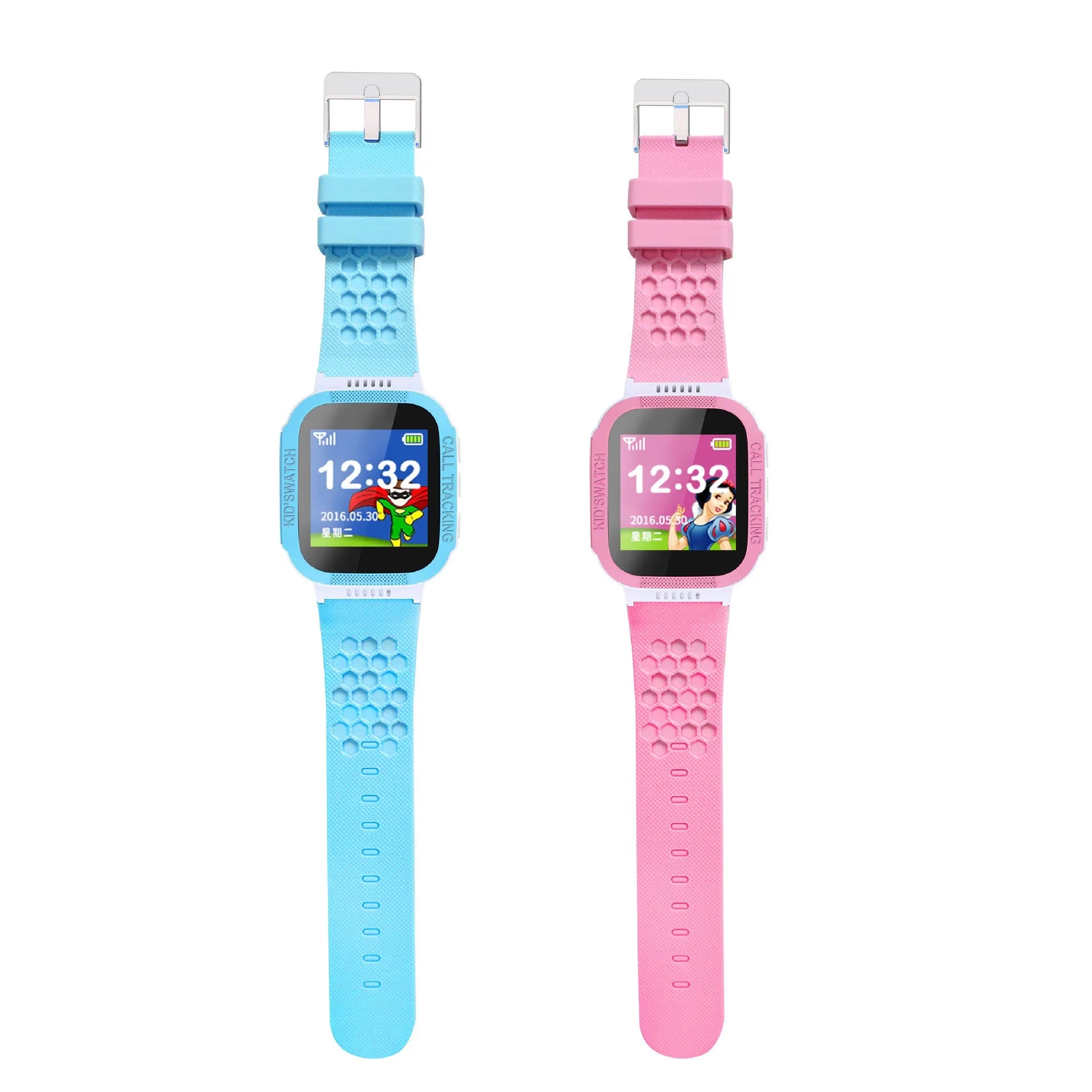 Blue children's phone watch showing 1.44 inch IPS screen with USB 3.0 charging port visible