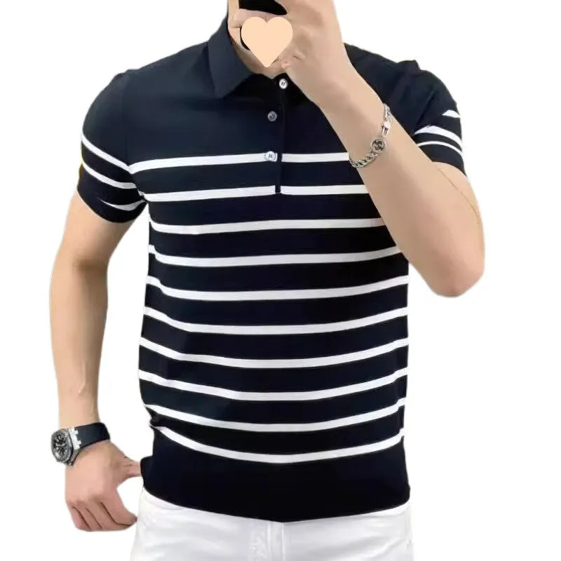 Black and white striped knitted T-shirt with a lapel collar, shown as a pullover.