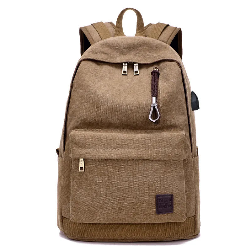 Canvas backpack with USB charging port and shoulder straps in khaki colour.
