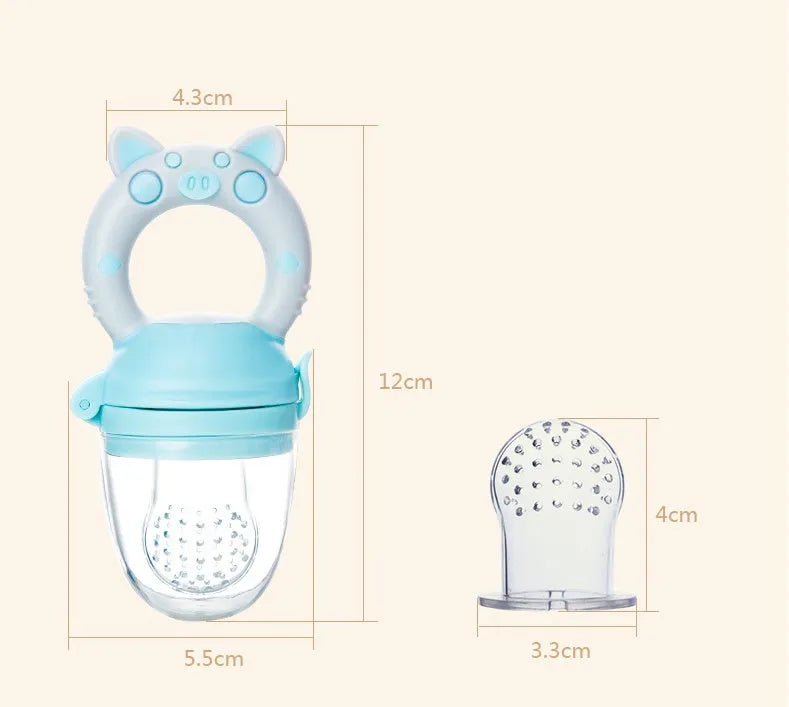 A blue silicone baby teether with three interconnected textured mouthpieces for chewing.