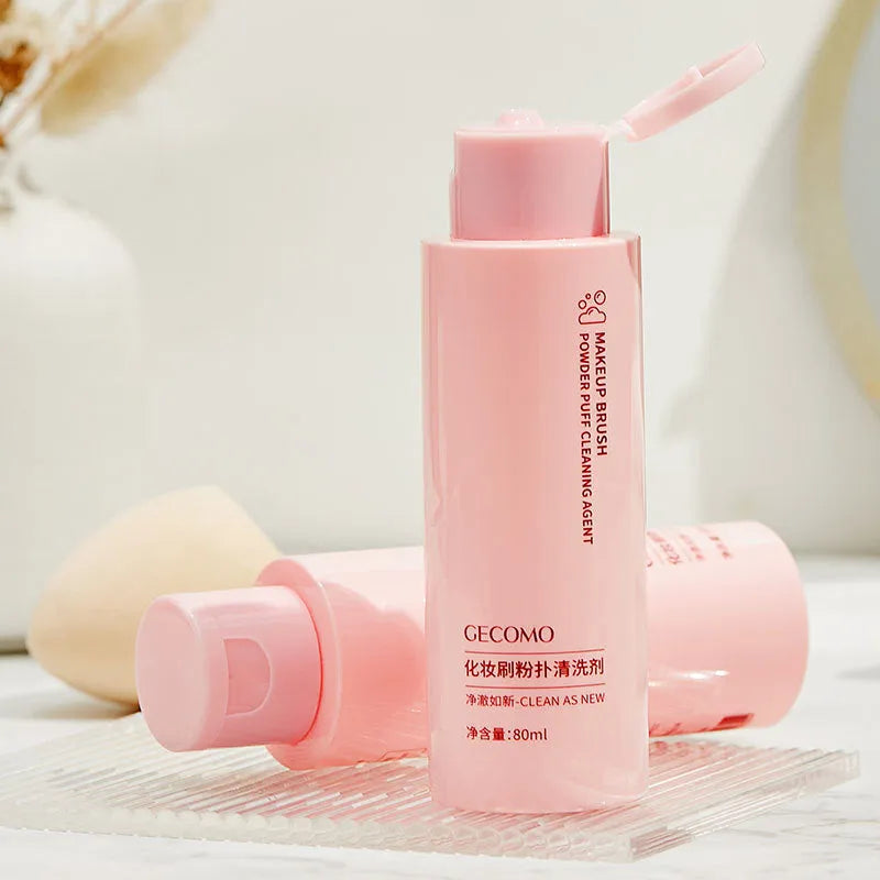 Makeup brush cleaner set showing 80ml detergent and 75ml wash-free spray for beauty blenders