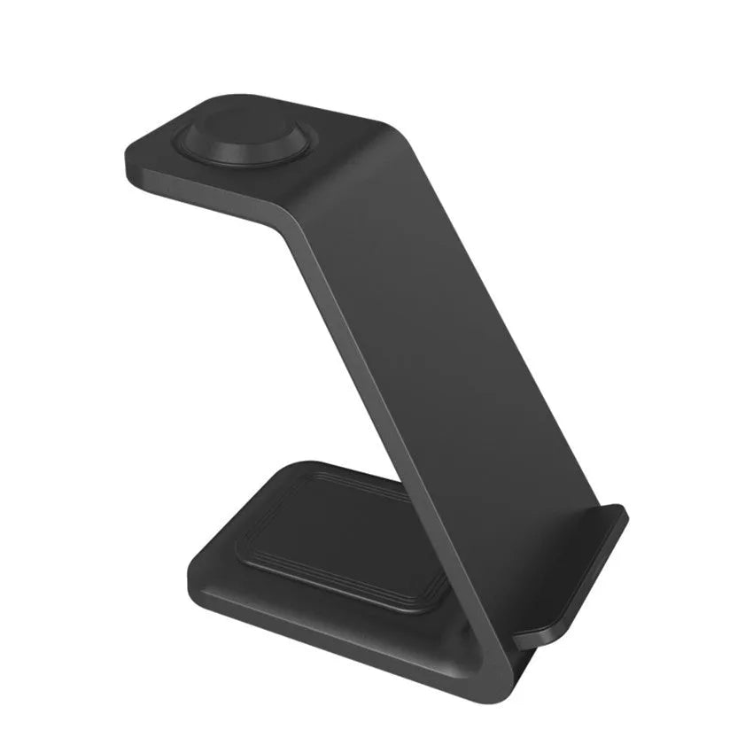 White 3-in-1 upright wireless phone charger stand with Type-C cable on desk