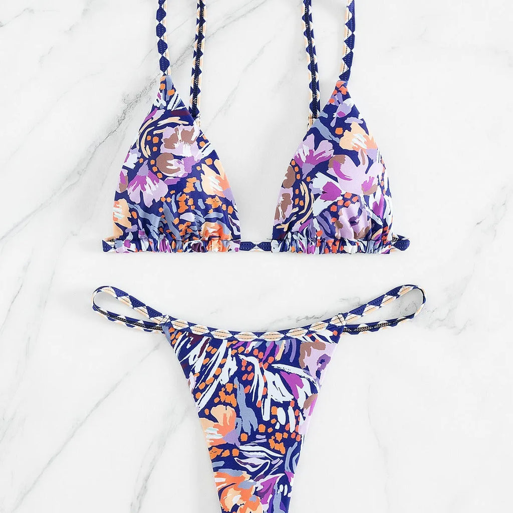 Women's floral print polyester swimsuit with triangle top and matching briefs
