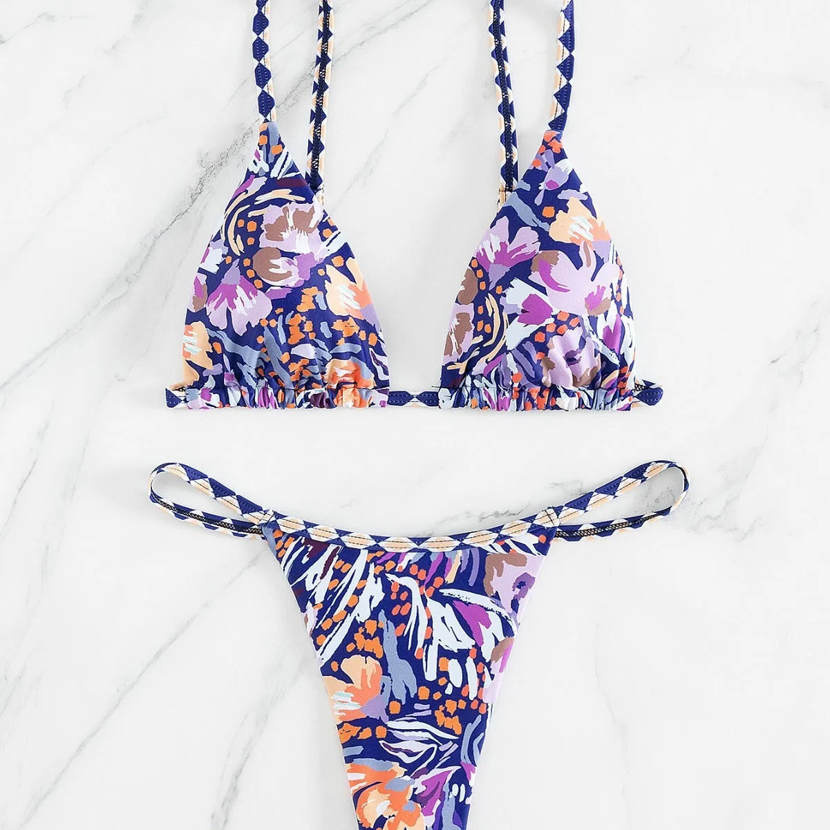 Women's floral print polyester swimsuit with triangle top and matching briefs