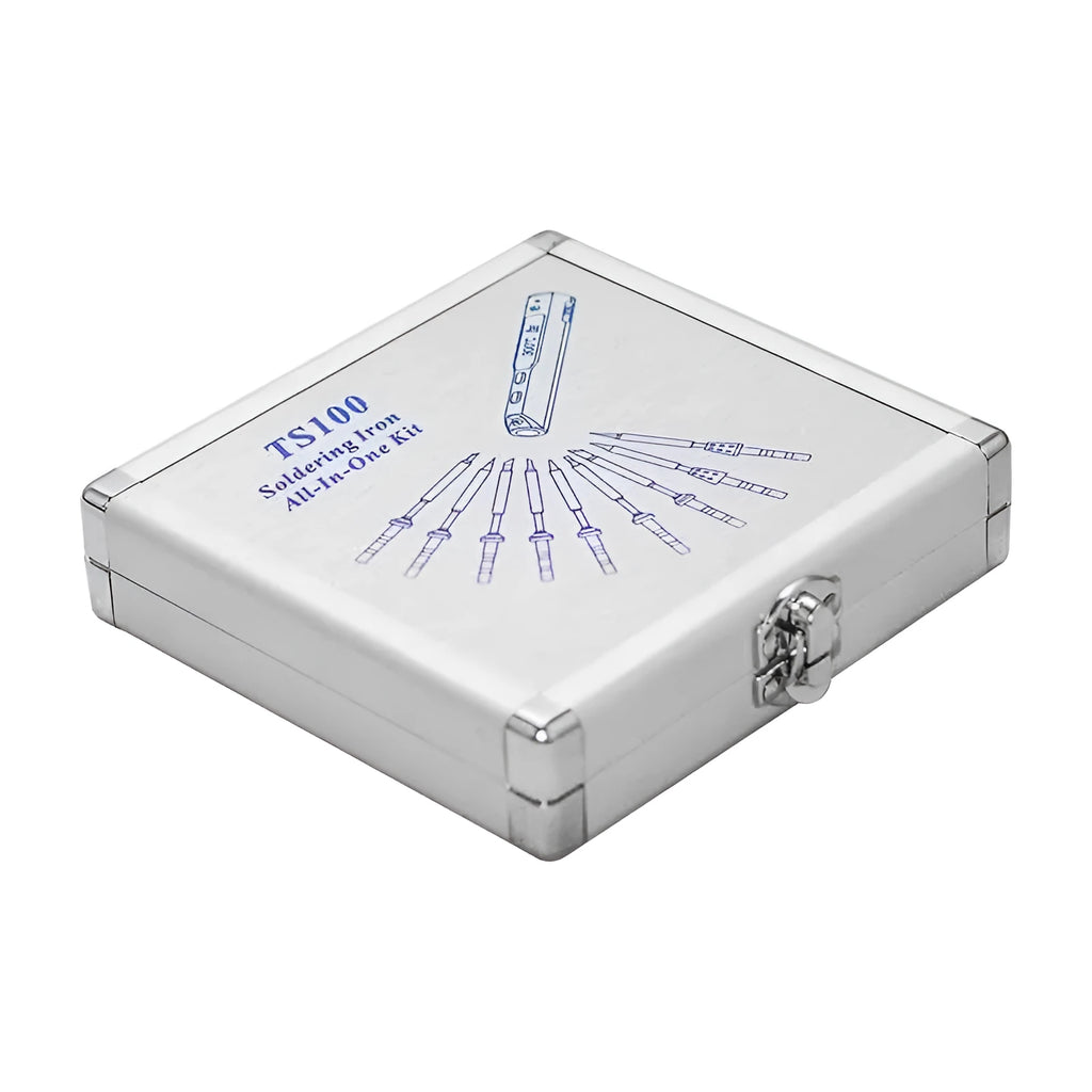 Silver aluminium storage box for TS100 soldering iron showing compact dimensions