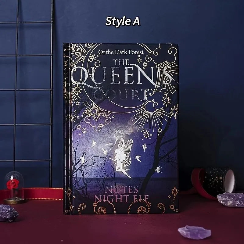 A5 hardcover notebook with luminous retro night elves design showing blue and purple colour options
