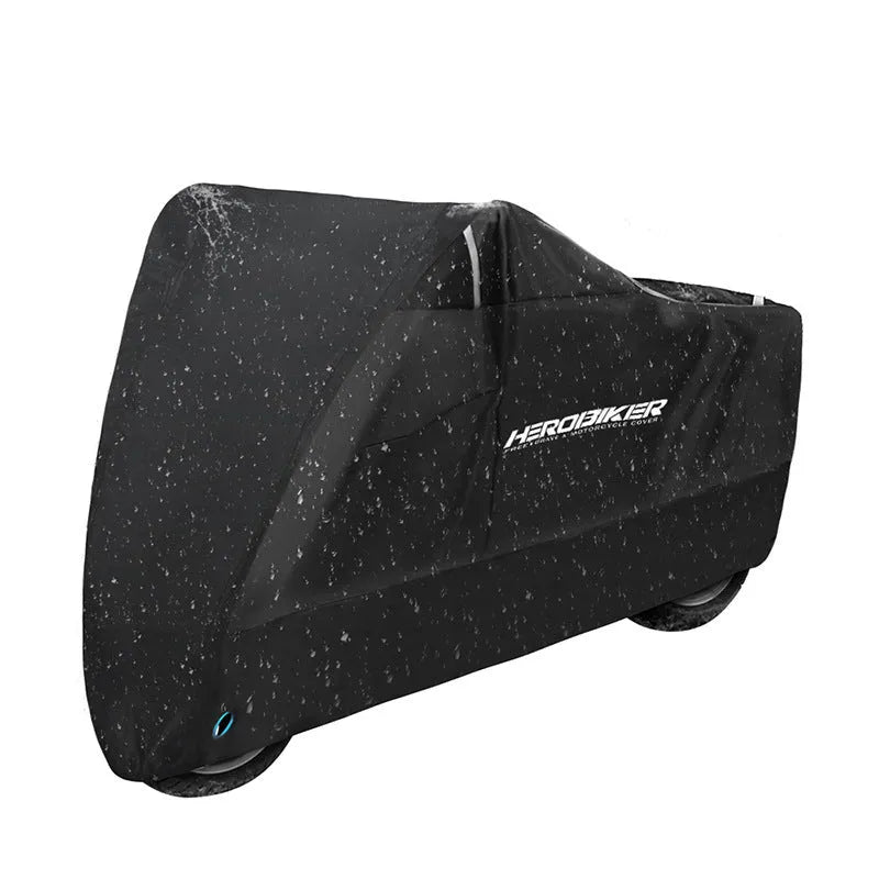 Black electric motorcycle rain cover with anti-theft features shown on parked motorcycle