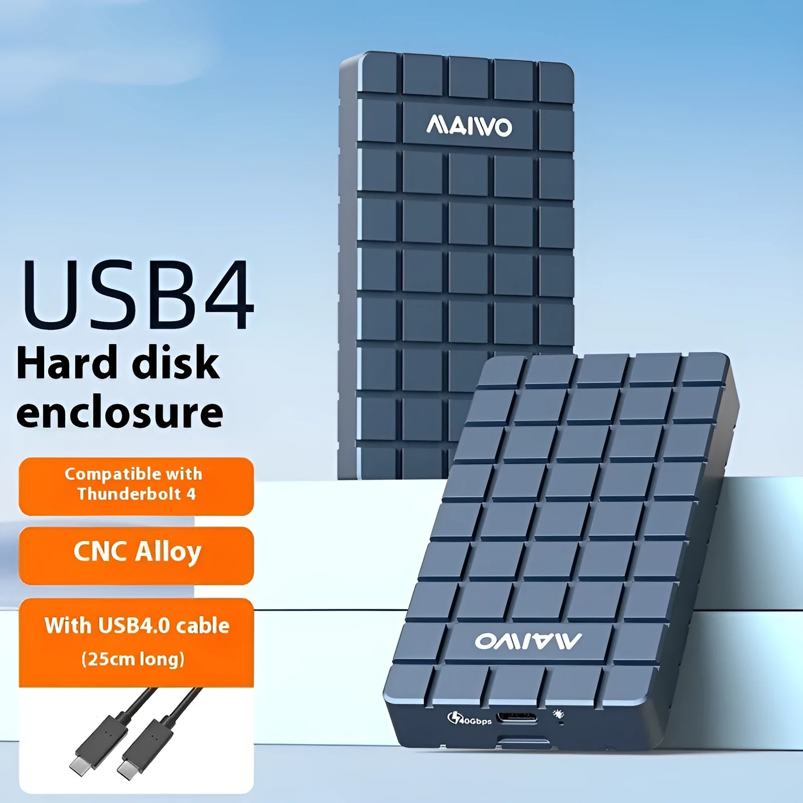 USB4 hard disk enclosure in aluminium alloy case showing compact 50mm wide design with USB4 port