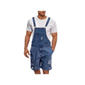 Man wearing ripped blue denim shorts with black suspenders, straight-leg cut.