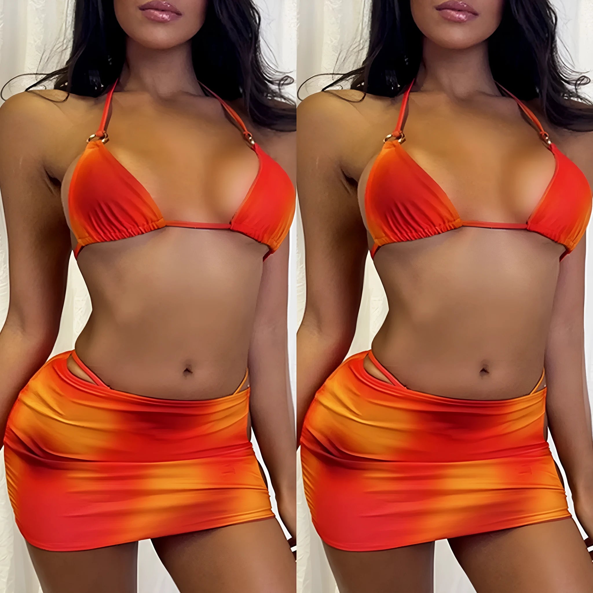 Solid colour three-piece halter bikini swimsuit set with matching skirt on swimwear hanger