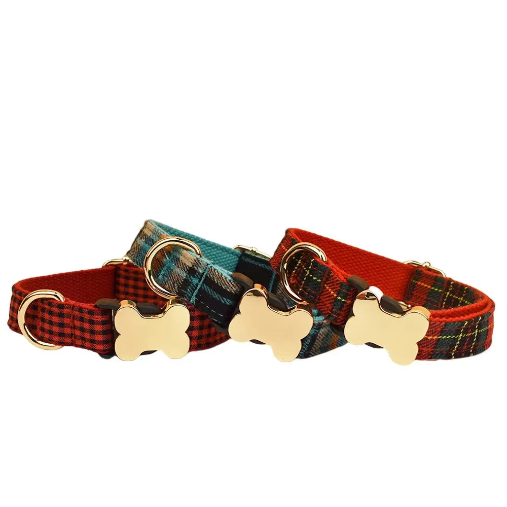 Nylon dog collar with printed grid pattern and bone buckle in multiple colour options