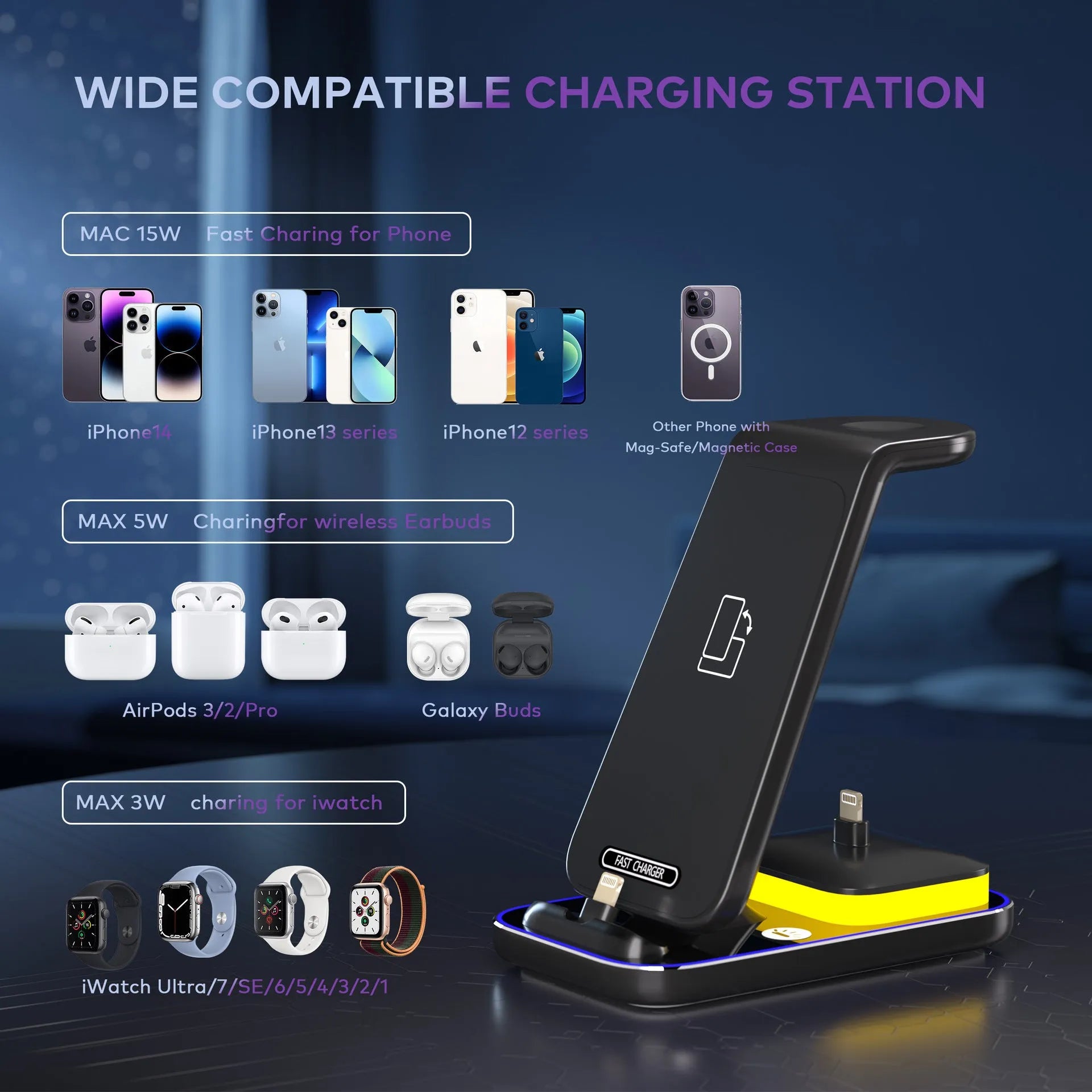 Black vertical wireless charging stand holding a mobile phone and a smartwatch on its base.