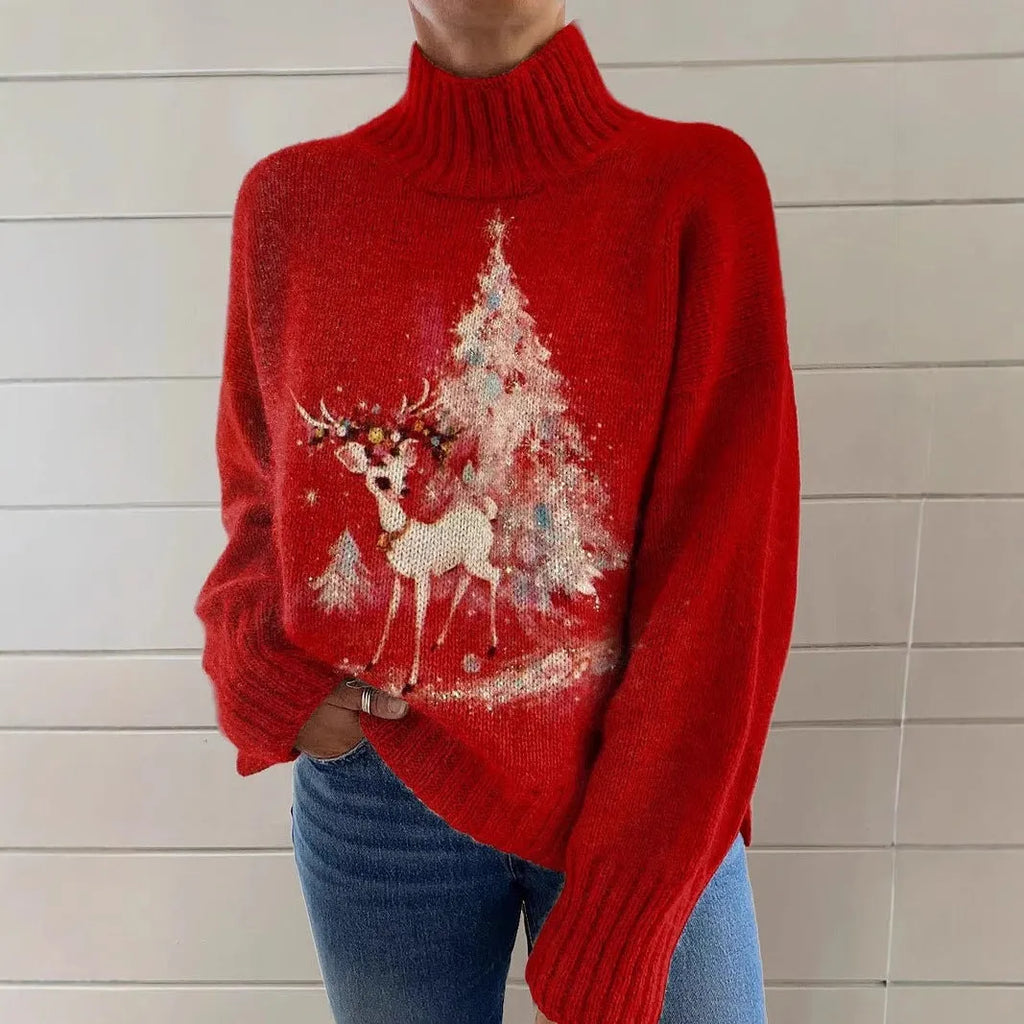 Women's loose-fit Christmas printed turtleneck sweater in macaron colours.