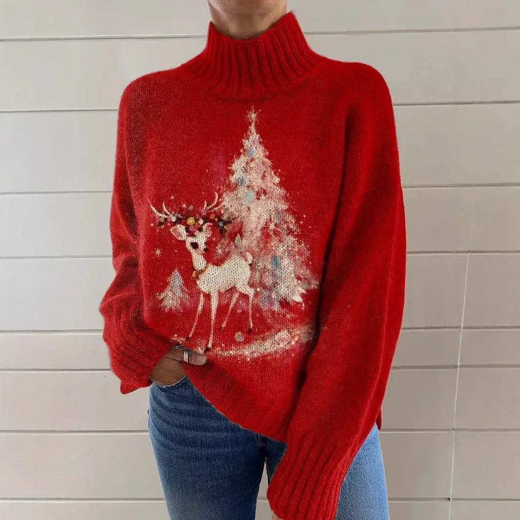 Women's loose-fit Christmas printed turtleneck sweater in macaron colours.