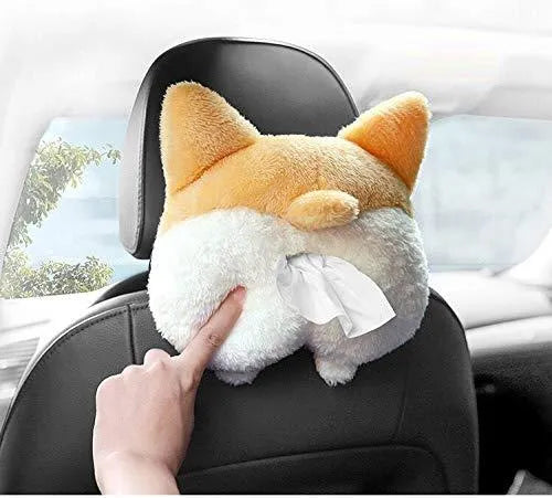 Yellow soft plush corgi butt shaped tissue box cover with elastic straps for car visor.