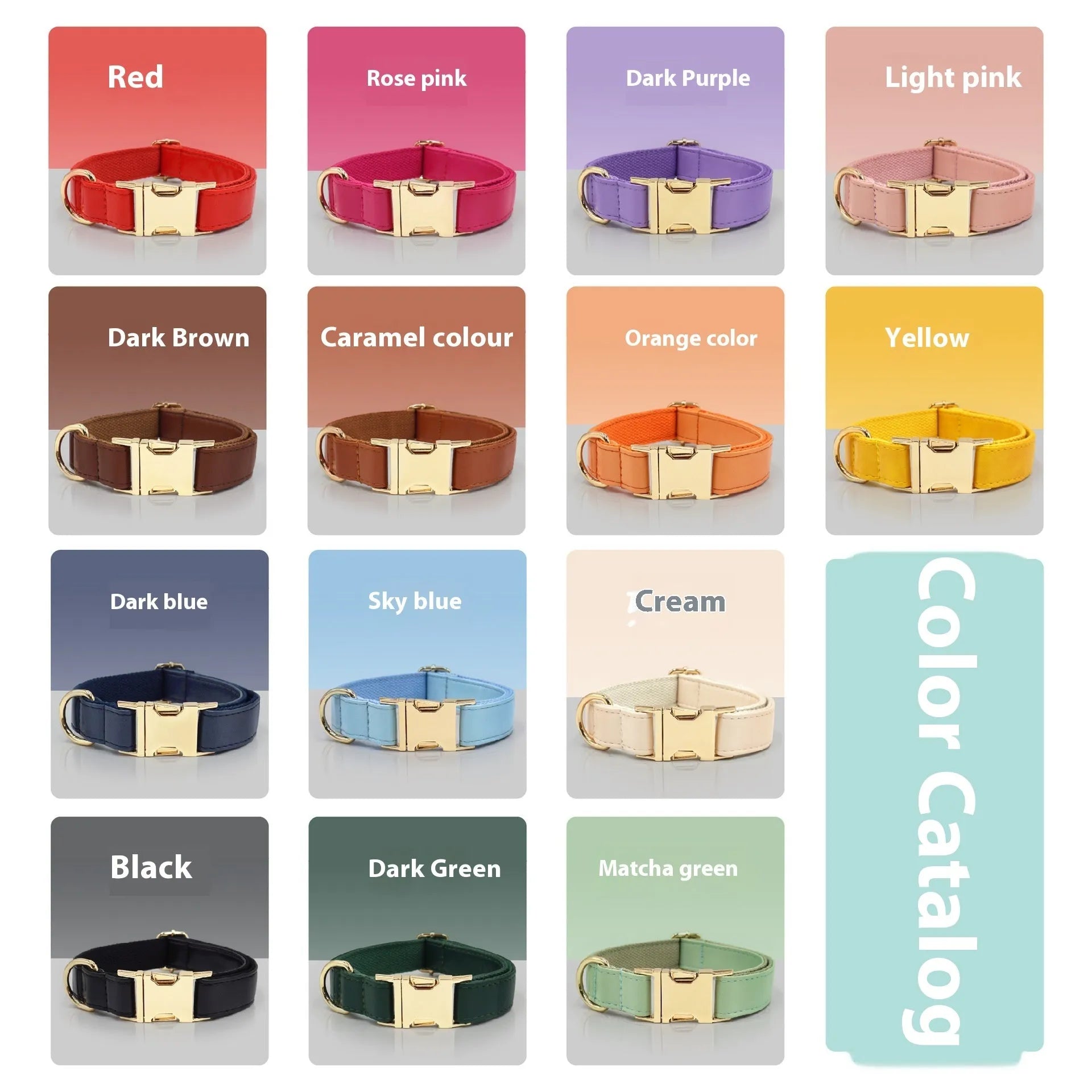 Simple colour block leather dog collar shown on a D-ring, available in multiple colours and sizes from XS to XL.