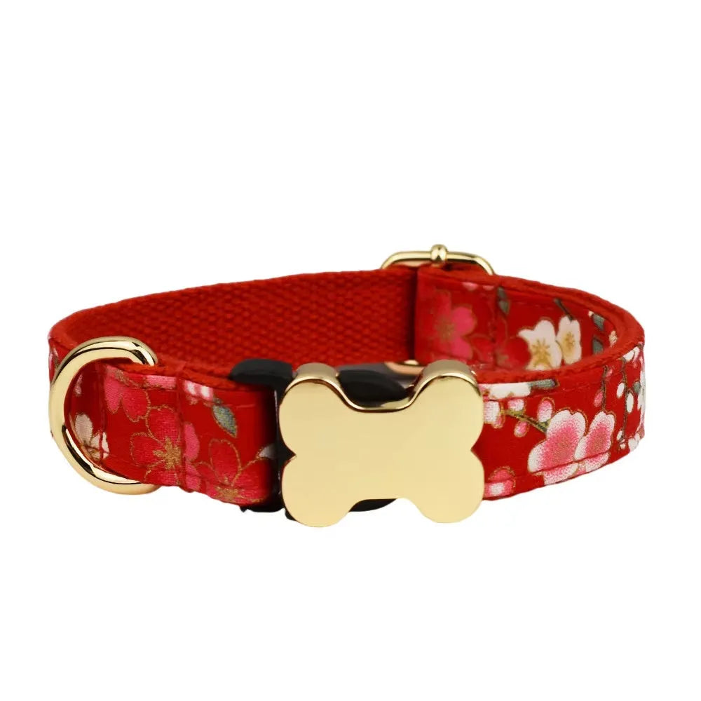 Nylon dog collar with printed grid pattern and bone buckle in multiple colour options