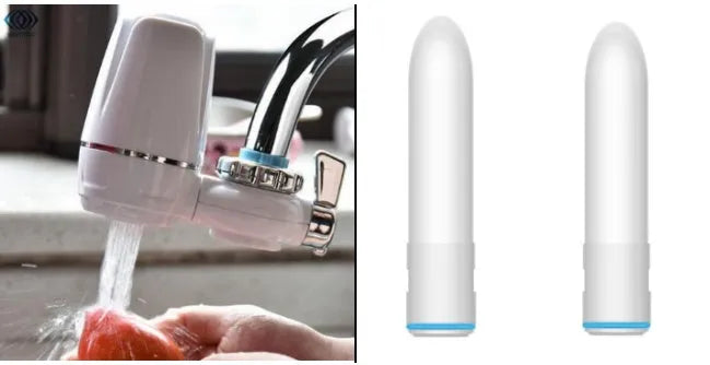 White plastic faucet water filter with adapter kit and ceramic cartridge for kitchen tap installation.