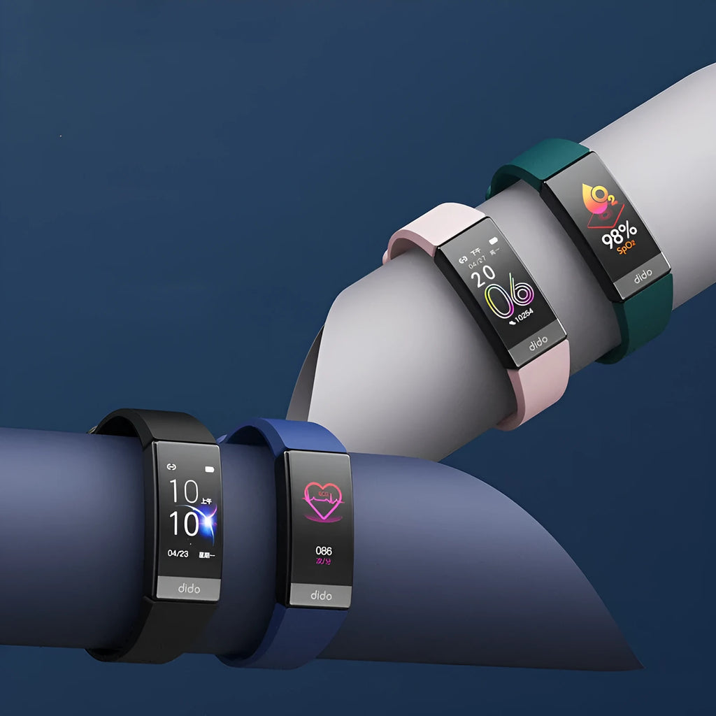 Black smart bracelet with ECG, blood pressure and blood oxygen monitoring on a wrist.