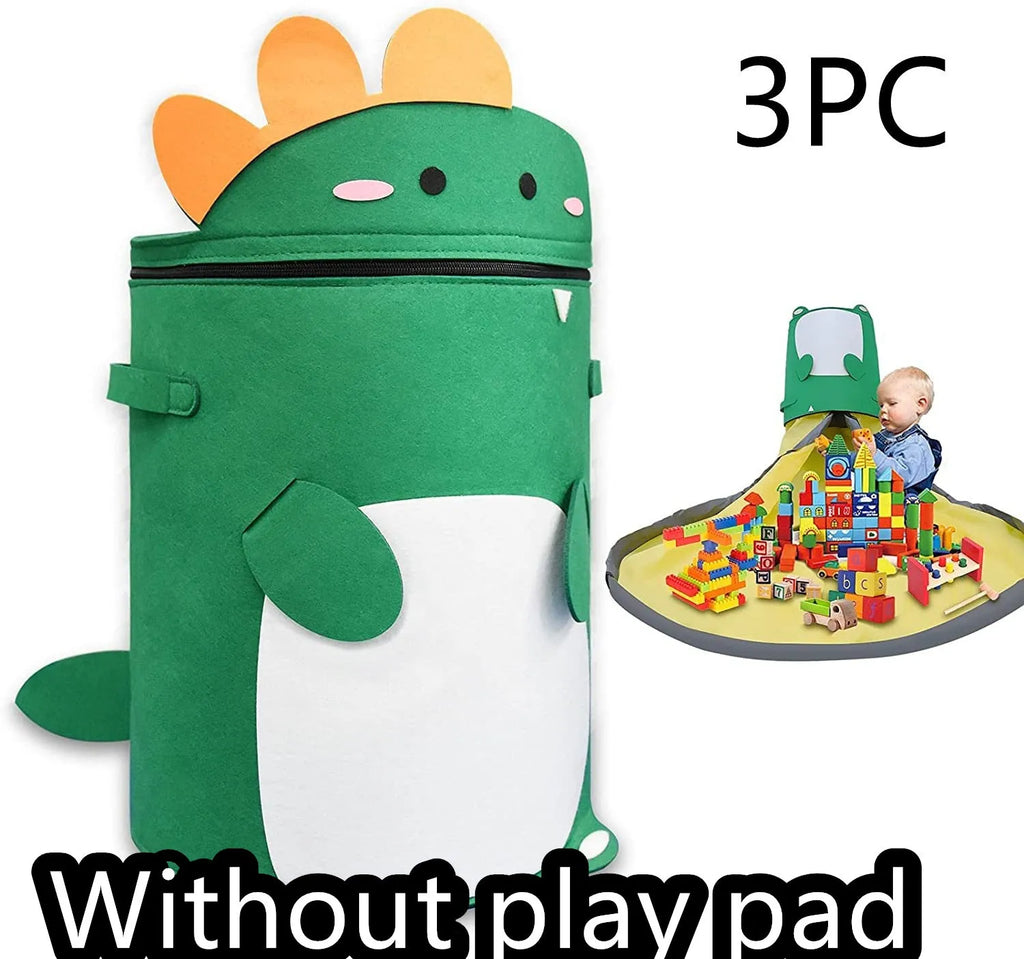 Green felt cube storage bag with pull rope laid flat as play mat for toy organisation