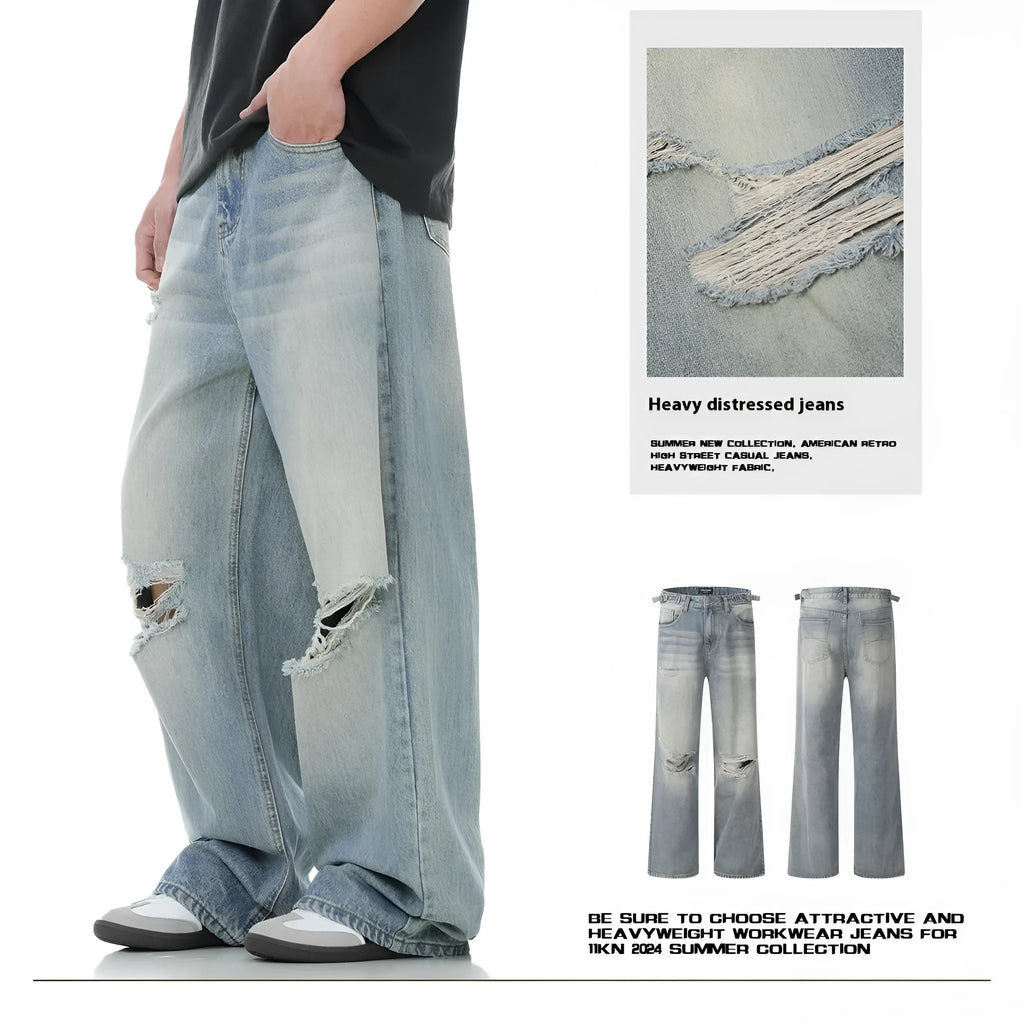 Men's blue straight-leg jeans with retro ripped distressing on the legs