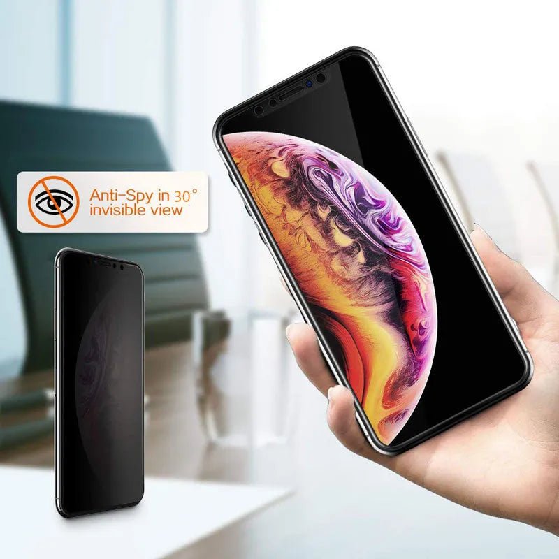 Black anti-peeping tempered glass screen protector for iPhone models on a white background