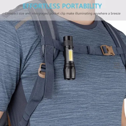 Black aluminium alloy telescopic LED flashlight with pen design and carrying clip