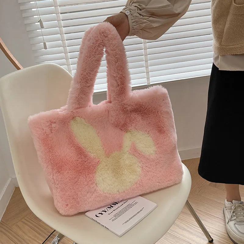 Plush tote bag with rabbit ears in solid colour with large capacity shoulder strap