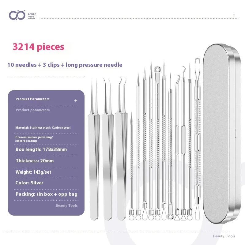 Four silver metal acne needles with ultra-fine pointed tips for skincare treatment.