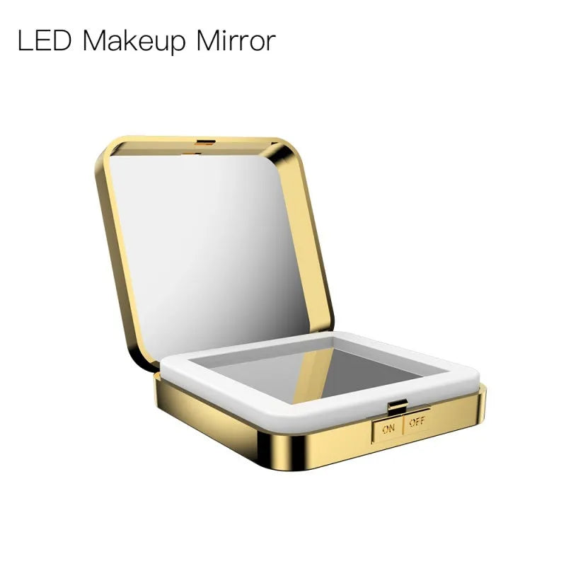 Black and white dual-sided makeup mirror with 4x magnification and HD sides, showing adjustable light settings.