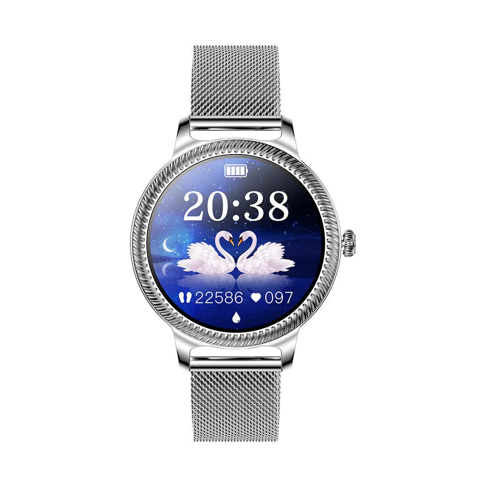 AK38 ladies smart watch with stainless steel Milanese band and 1.09-inch colour screen