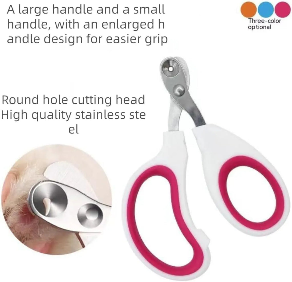 Blue handled cat nail clippers with circular cutting hole and stainless steel blade