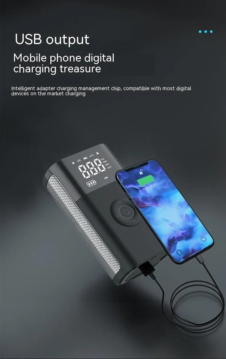 Black handheld wireless digital air pump with LCD screen and LED light, with assorted inflation nozzles
