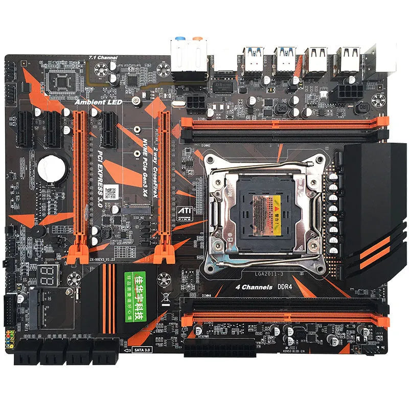 Black X99 ATX motherboard with LGA2011-3 socket, four DDR4 slots, PCIe slots, and heatsinks