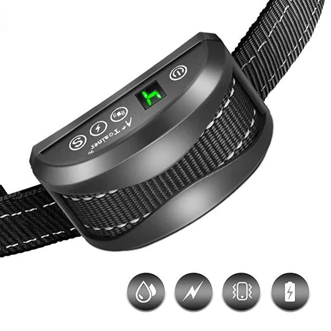 Electronic dog training bark collar with digital display on a black adjustable reflective strap.