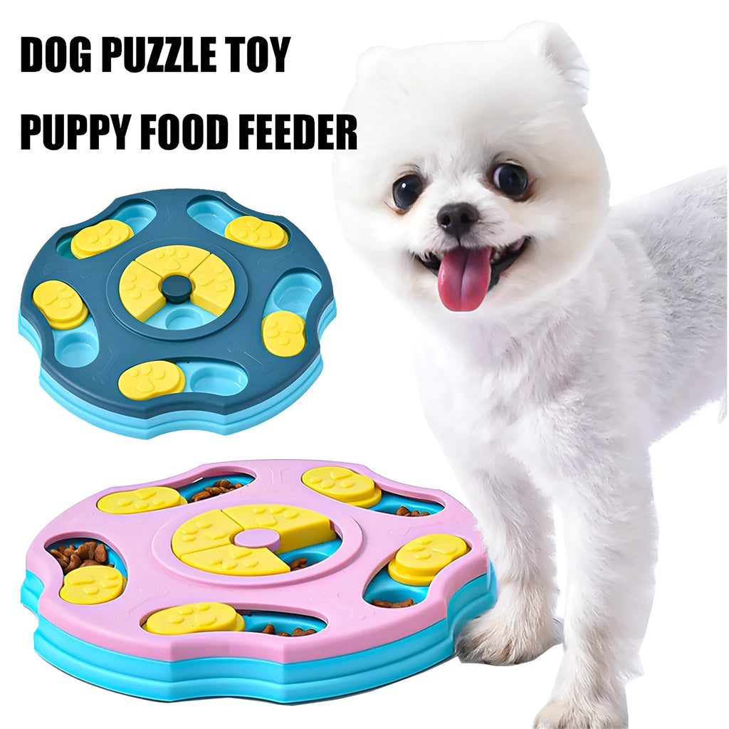 Blue and pink interactive dog puzzle feeder toy for slow eating and mental games