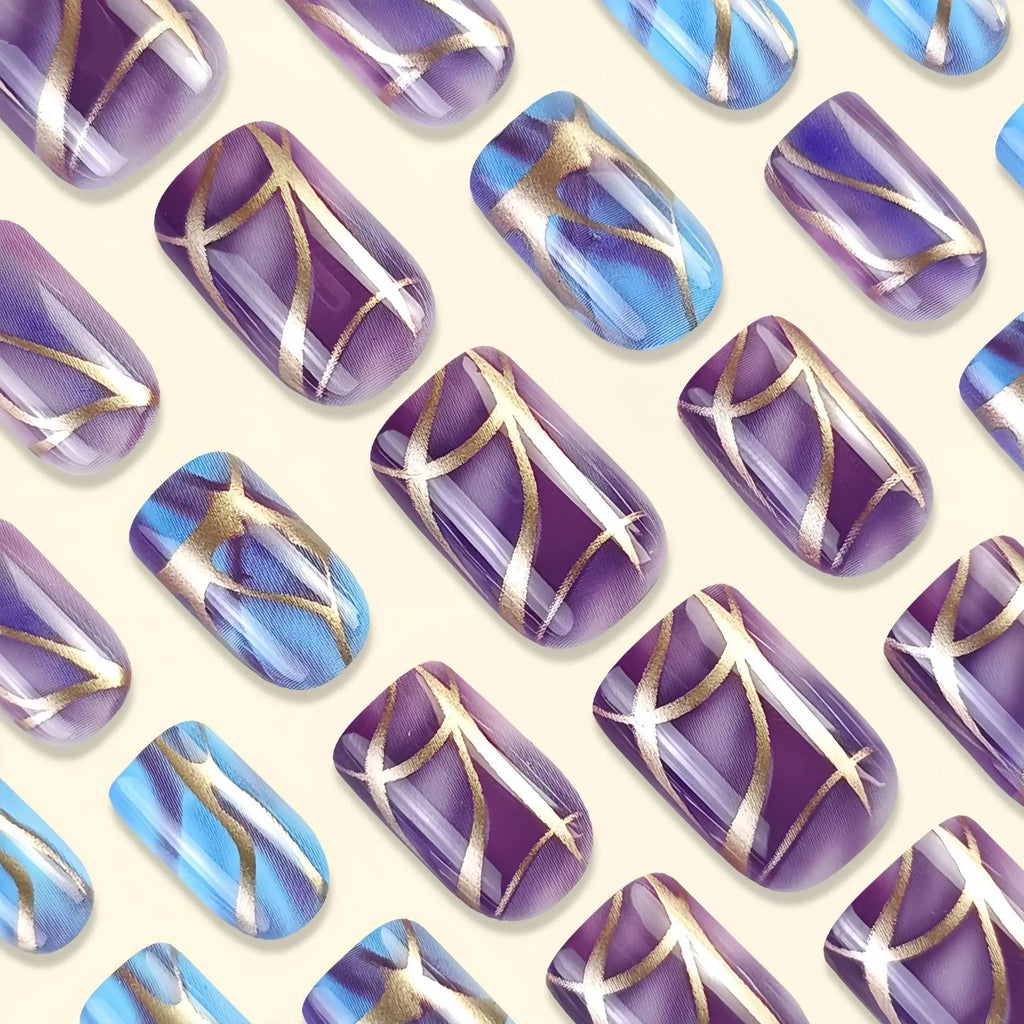 Medium-length purple striped nail stickers with European and American design style including wipe jelly glue