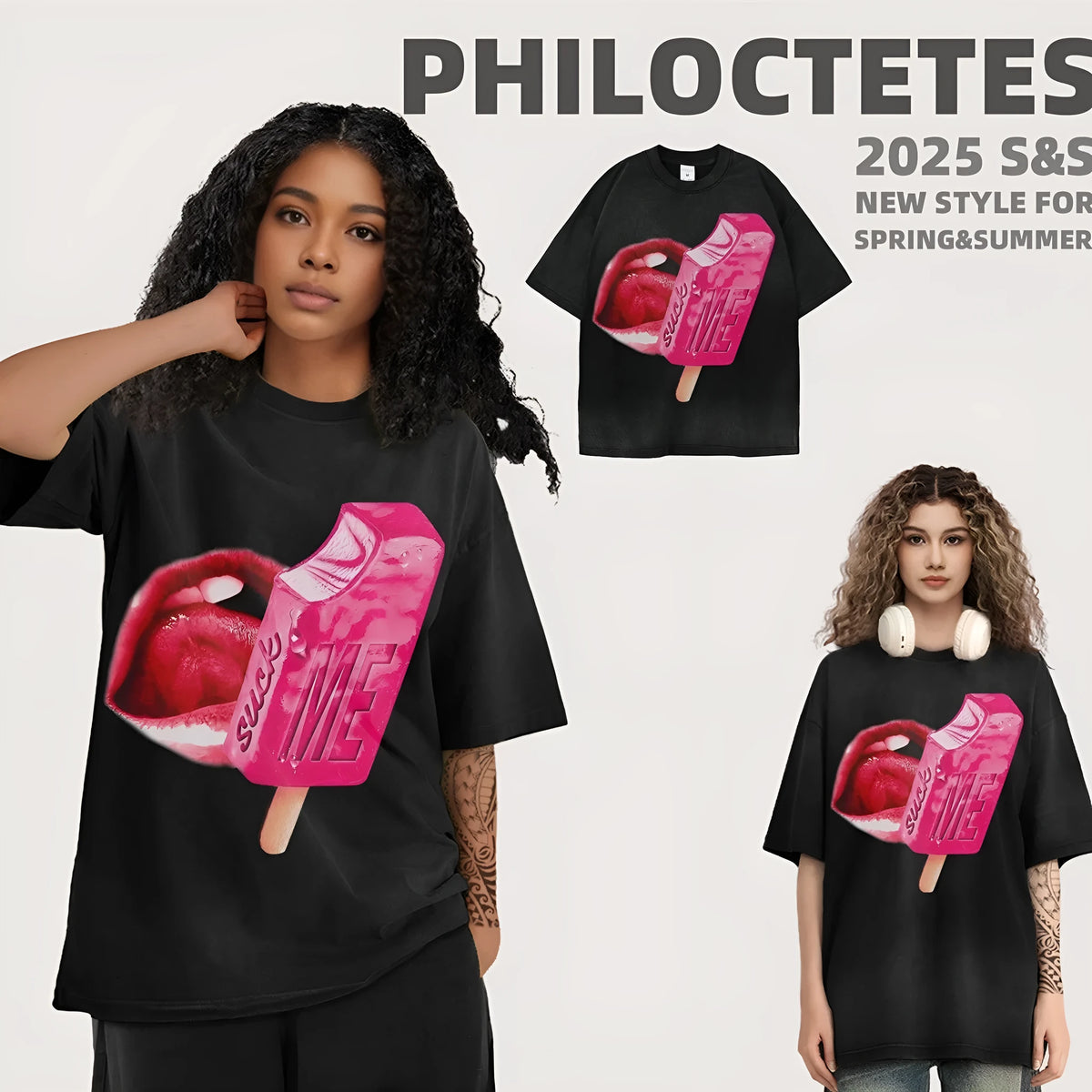 Heavy washed cotton street t-shirt in loose pullover style with short sleeves, showing cartoon pattern design