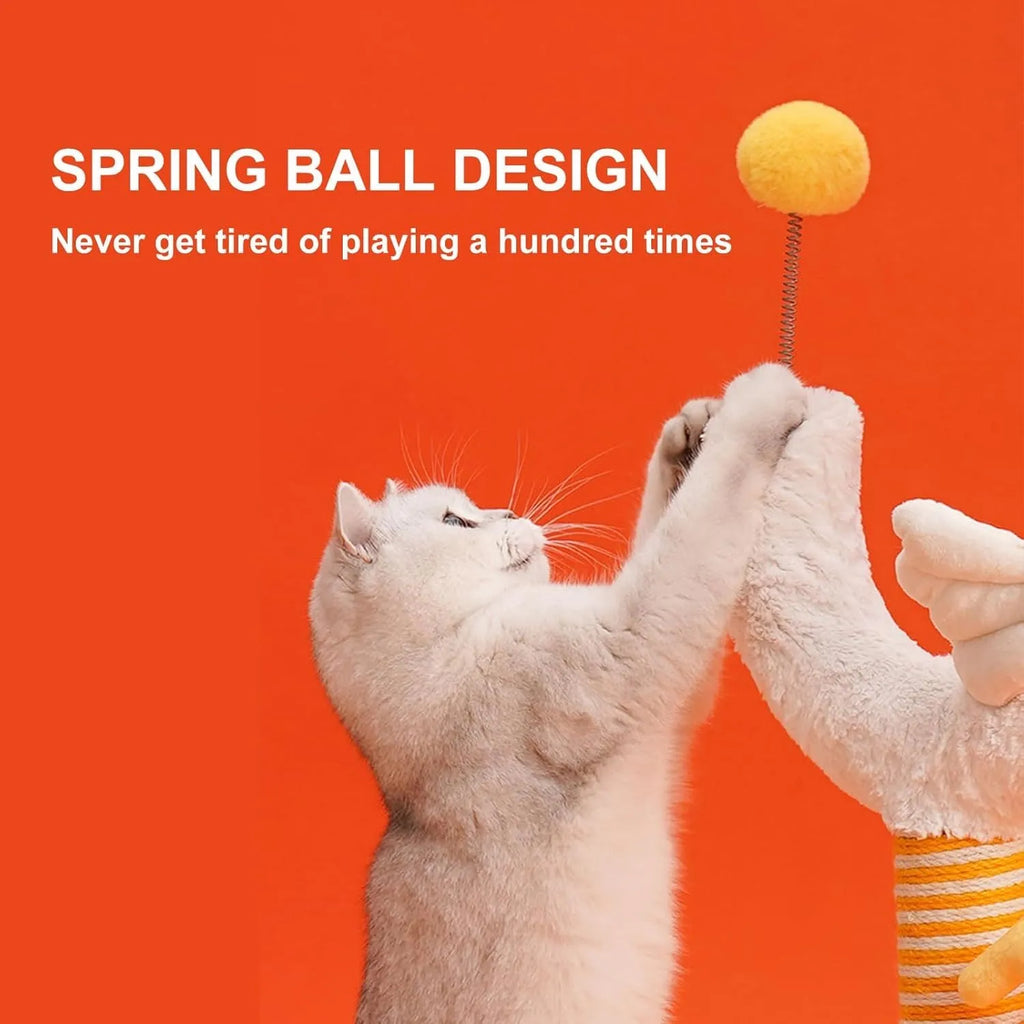 Yellow vertical cat scratching post with sisal wrapping and a spring ball toy attached.