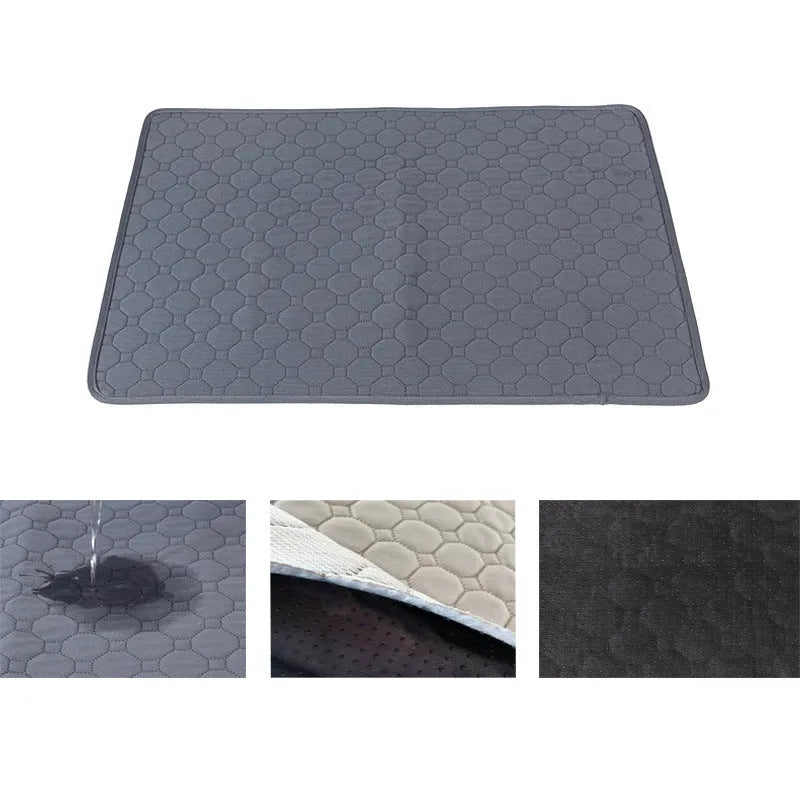 Grey and khaki washable waterproof dog pee pads on a wooden floor.