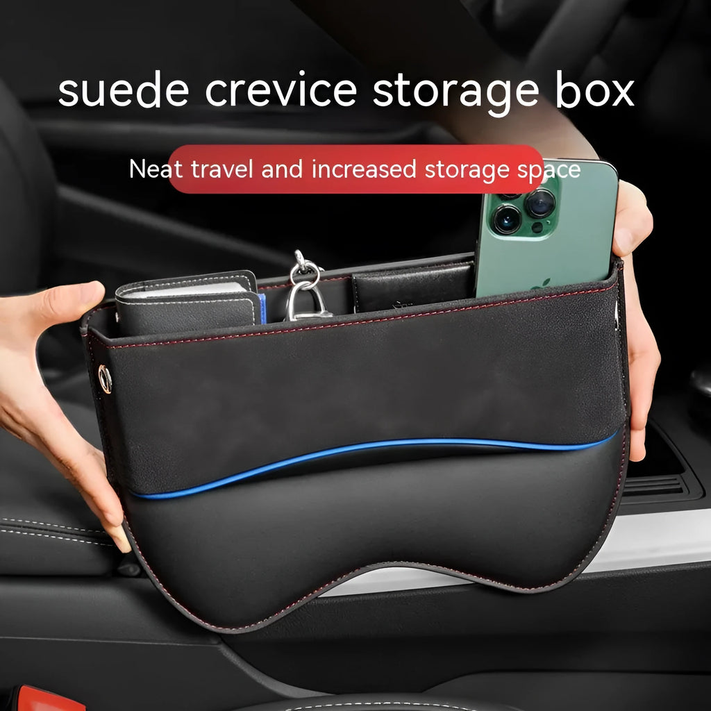 Black leather car seat storage box with a suede finish, shown on a car rear seat.
