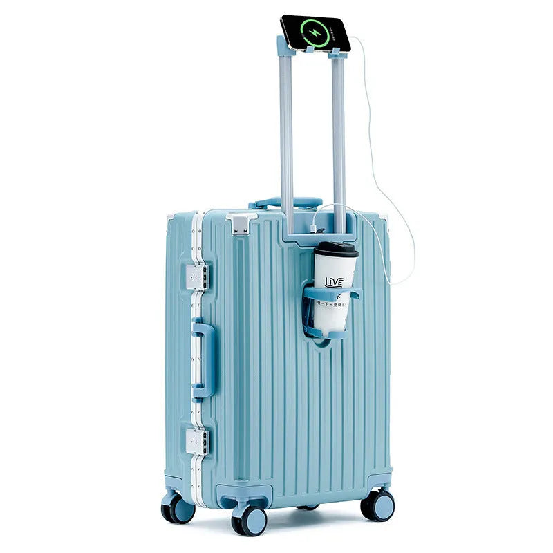 Hard-shell aluminium frame suitcase in avocado green with USB port and universal wheels.