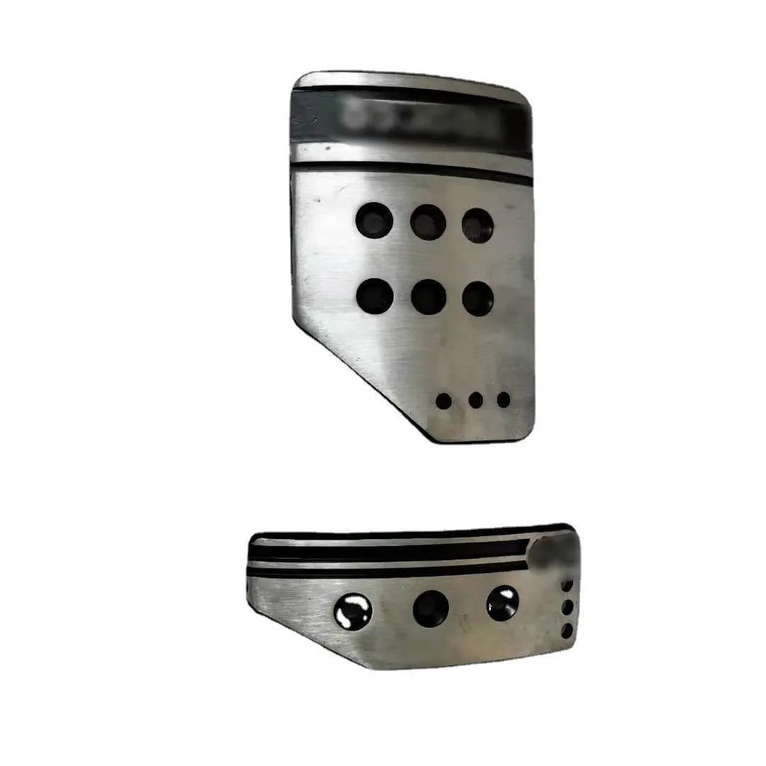 Aluminium alloy manual transmission pedal set showing accelerator, brake, and clutch pedals with screws and nuts